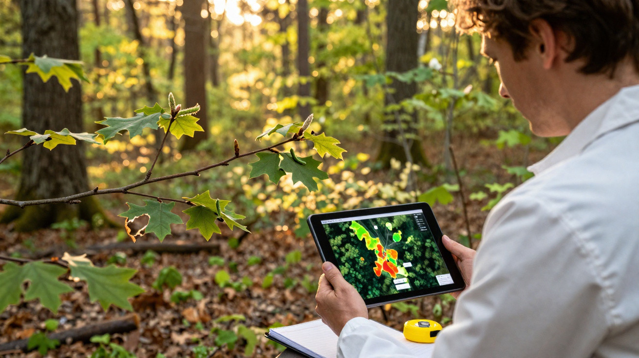 Person in lab coat analysing forest data on a tablet while sitting in woodland with notebook and tape measure nearby