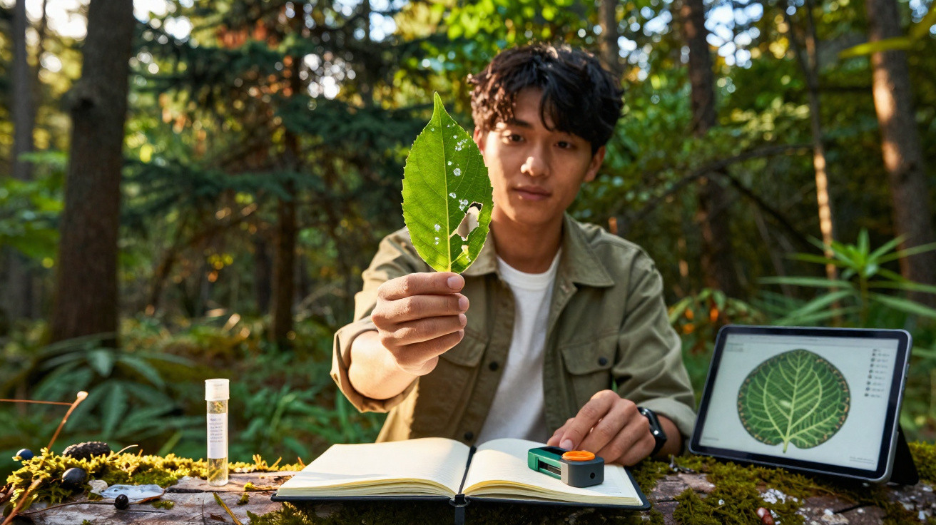 Man studying a damaged leaf in a forest with notebook and leaf analysis on a tablet nearby