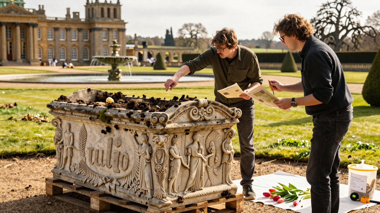 Two men examining an ornate stone planter filled with soil in a garden near a historic building.