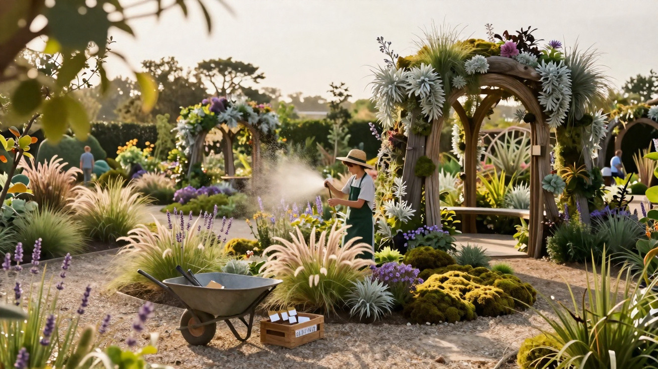 Person watering plants in a garden with floral arches and various flowers under soft sunlight