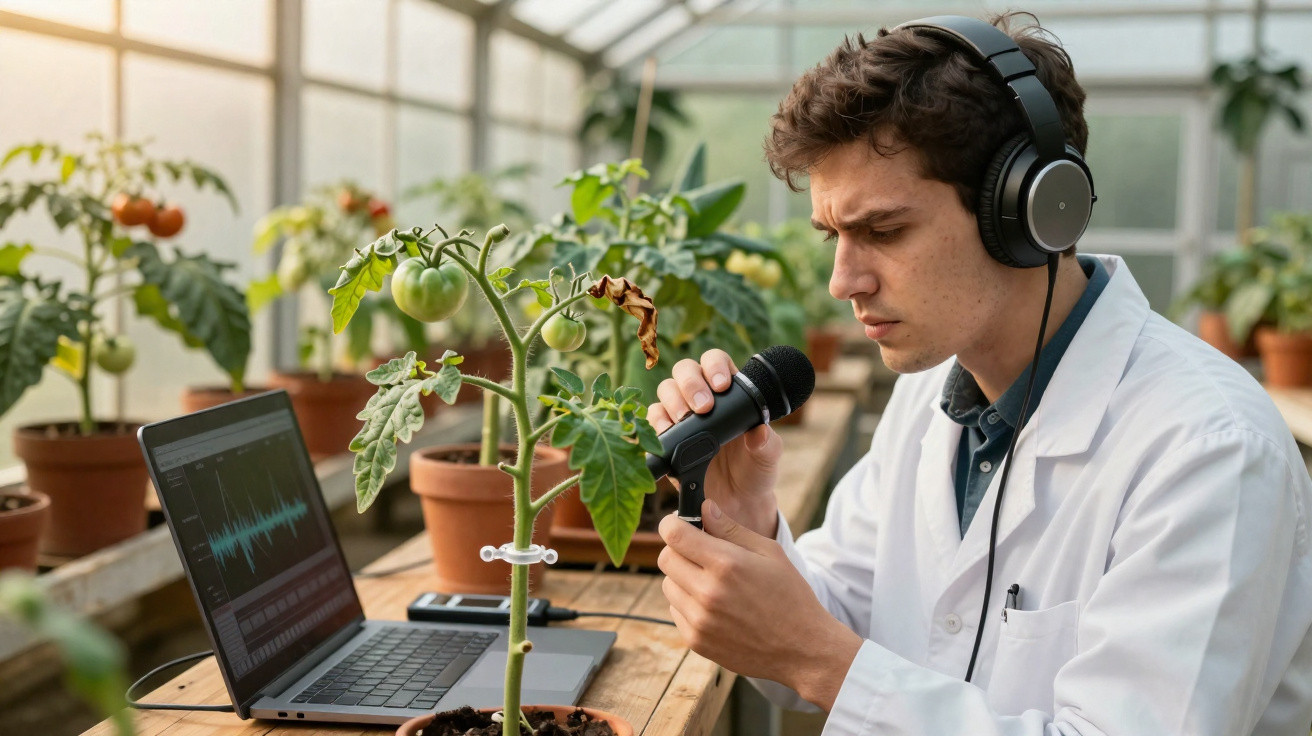 Scientist in a white coat using a microphone and headphones to study a tomato plant in a greenhouse.