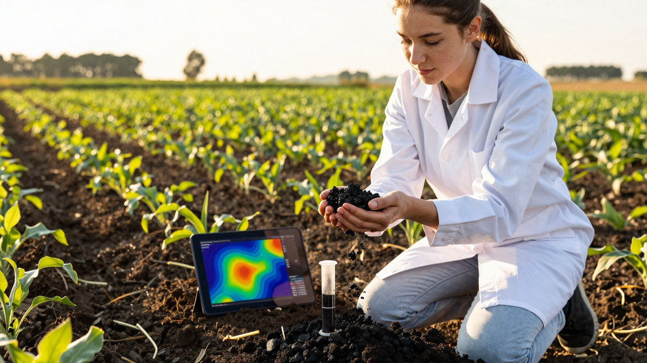 Female scientist in white coat analysing soil in a crop field with a tablet showing soil data.