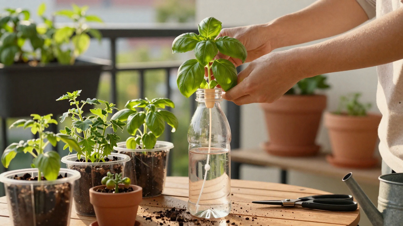 Hands transplanting a basil plant into a homemade water bottle planter on a wooden table with seedlings.