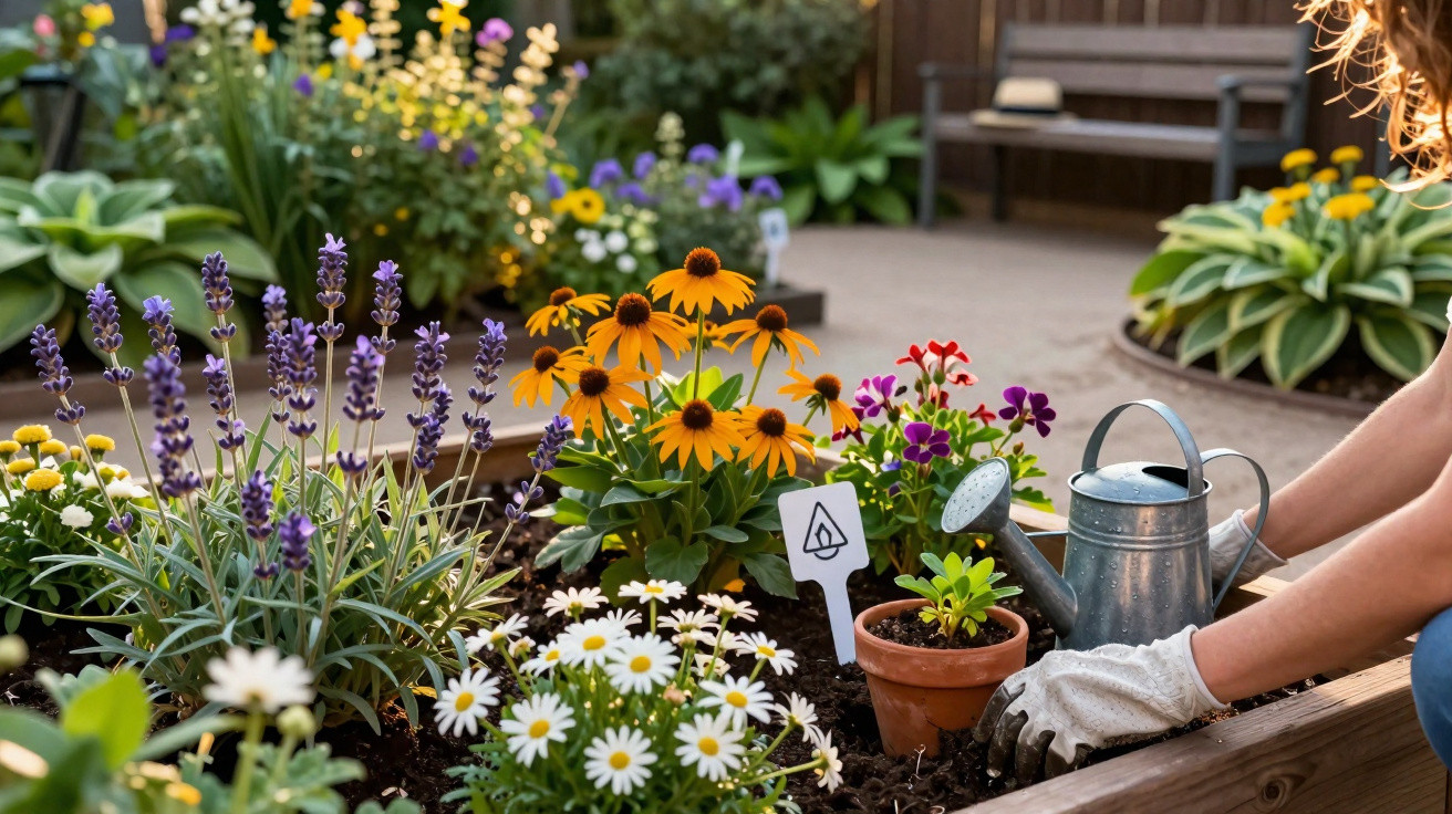 Person gardening colourful flowers in a raised bed with a watering can and gloves in a sunny outdoor garden.