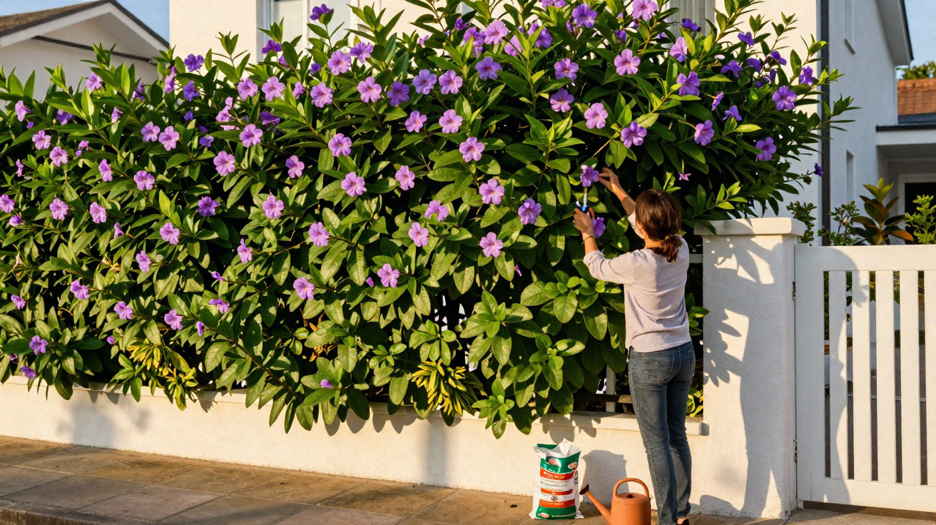 Woman tending to a lush bush with purple flowers growing beside a white wall and gate.