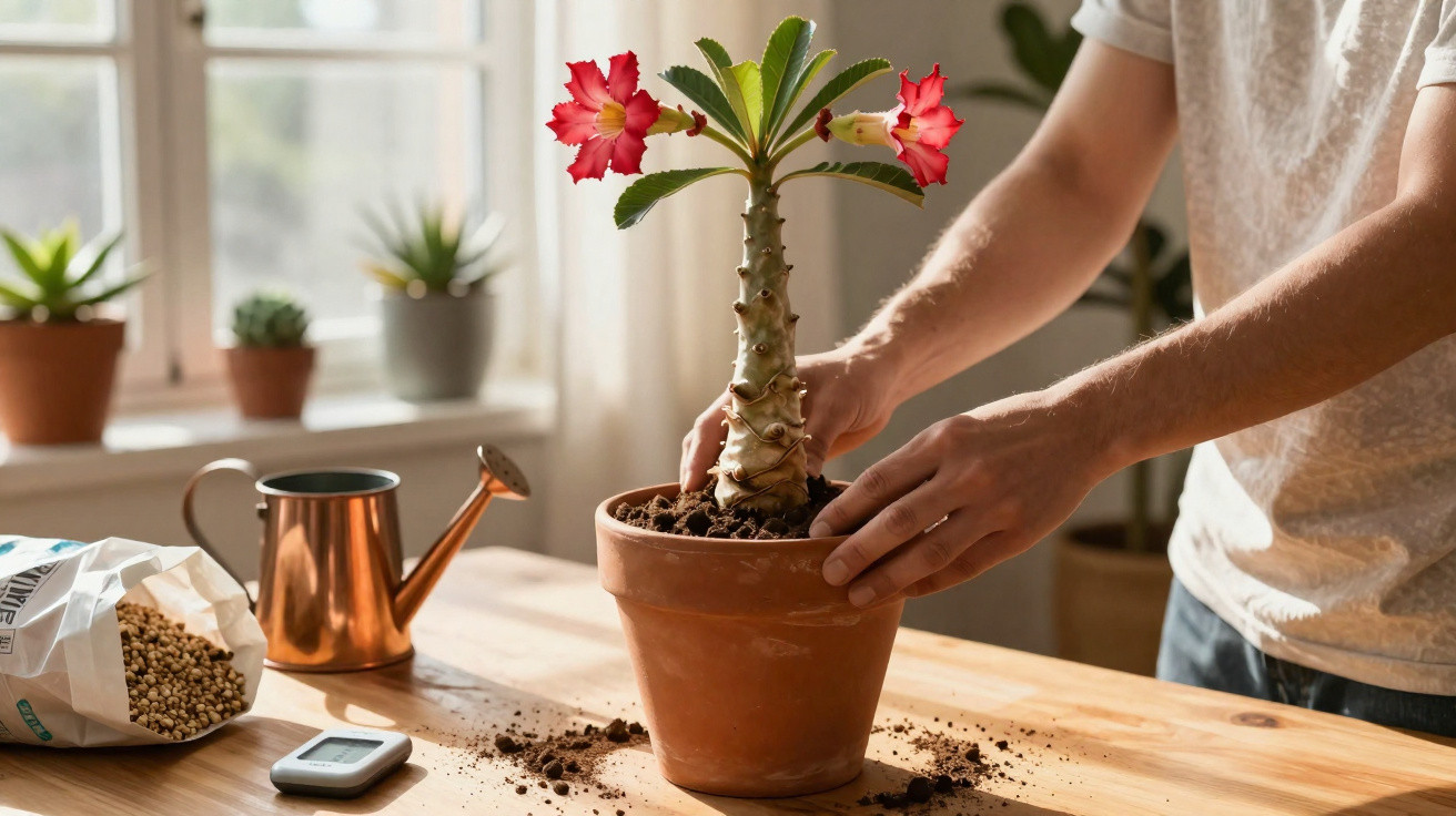 Person repotting a flowering desert rose plant on a wooden table near a window with gardening tools.