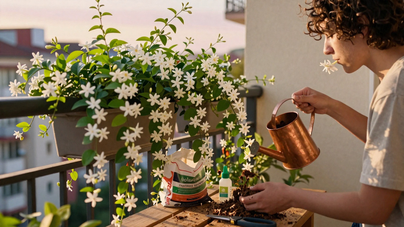 Person watering a small plant on a balcony with white jasmine flowers in the background at sunset.