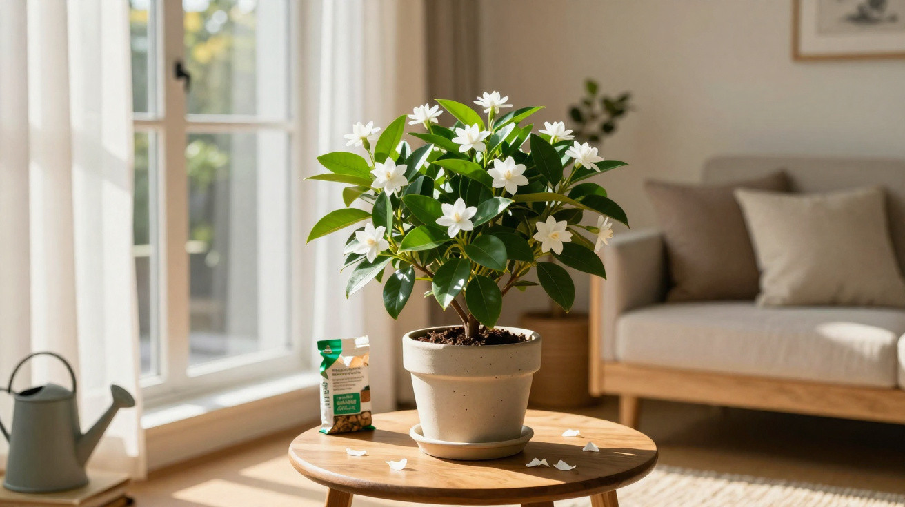 Potted flowering plant with white blossoms on a wooden table in a sunlit living room by a sofa.