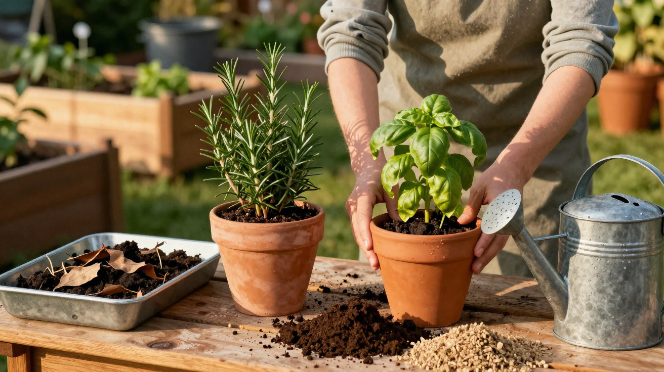 Person repotting a basil plant next to a rosemary plant on a wooden table with gardening tools.