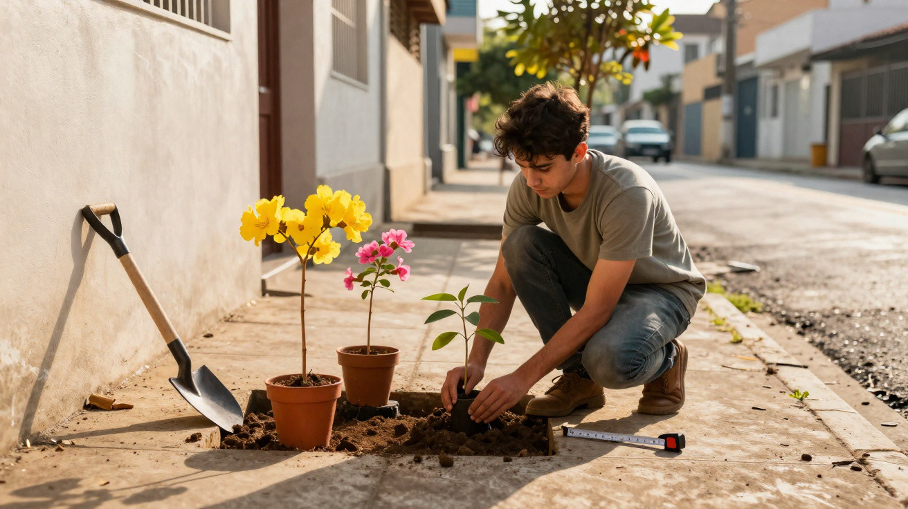 Young man planting a small tree beside colourful flowers on a sunny urban pavement.