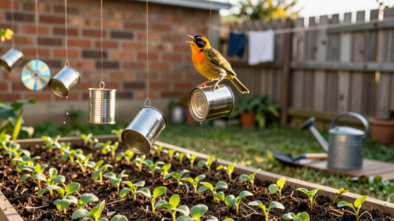 Bright orange and black bird perched on a hanging tin can over a vegetable garden bed in a backyard.