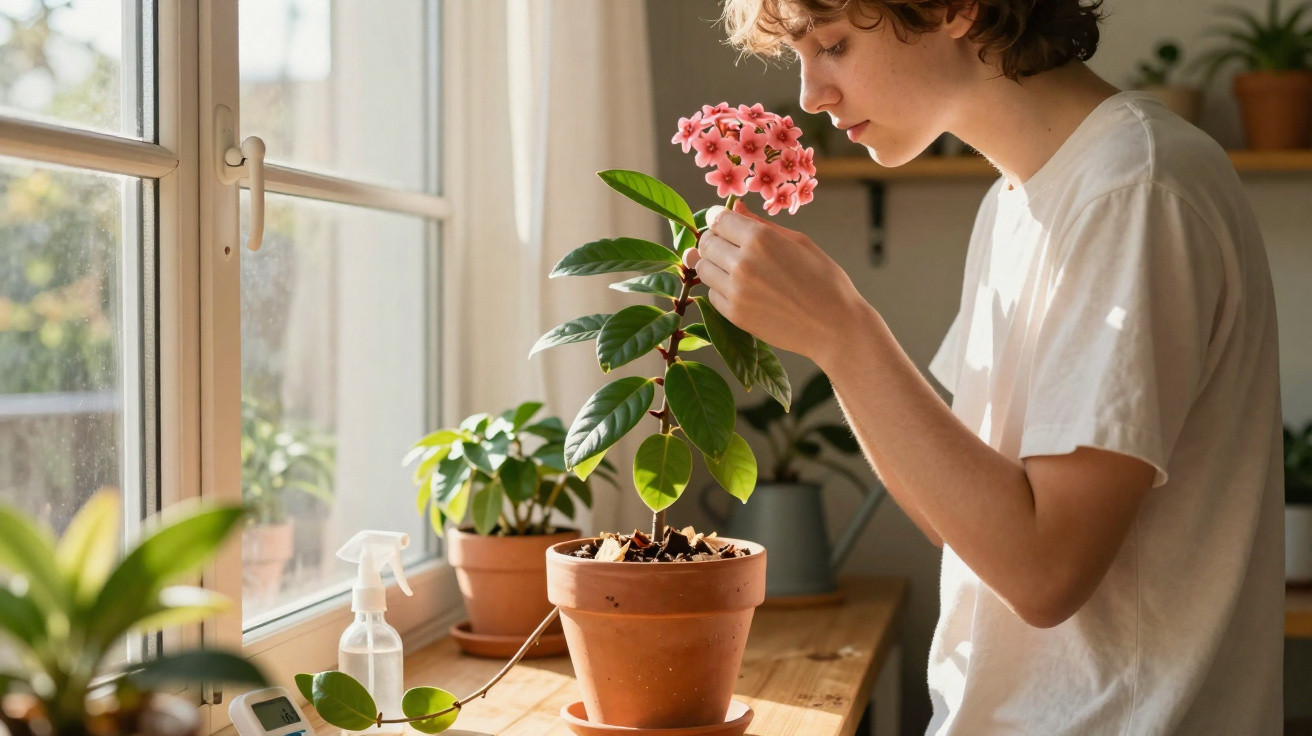 Young person smelling a pink flowering plant on a wooden table near a sunlit window indoors.
