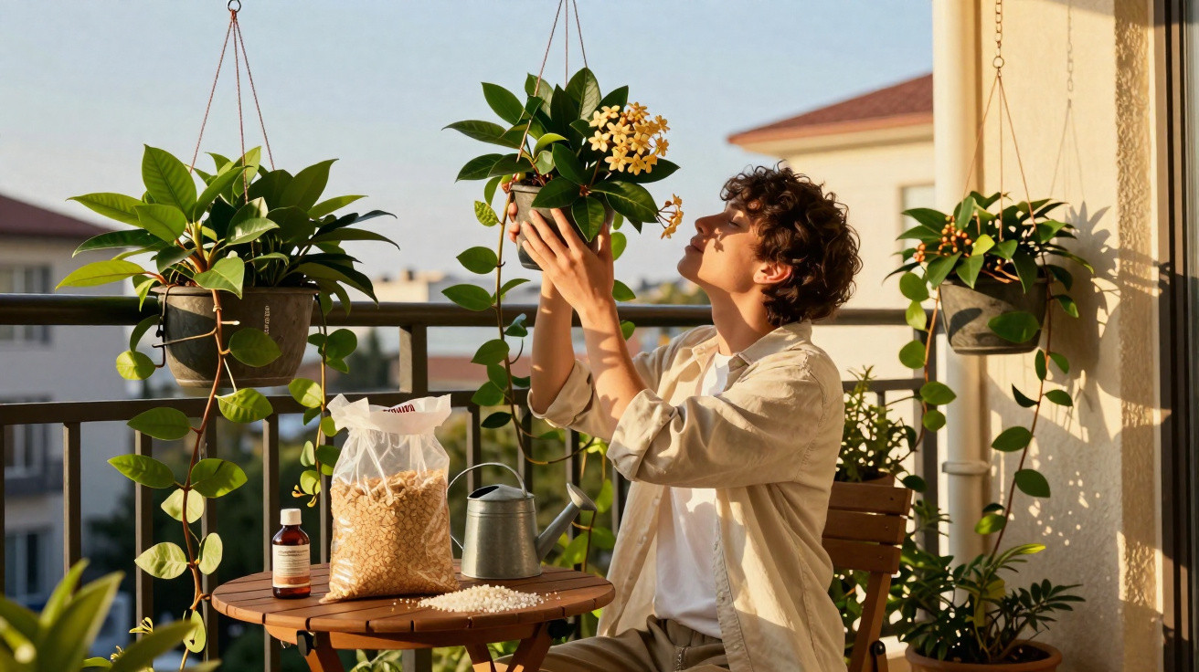 Person tending to a flowering plant on a sunlit balcony surrounded by hanging and potted greenery.
