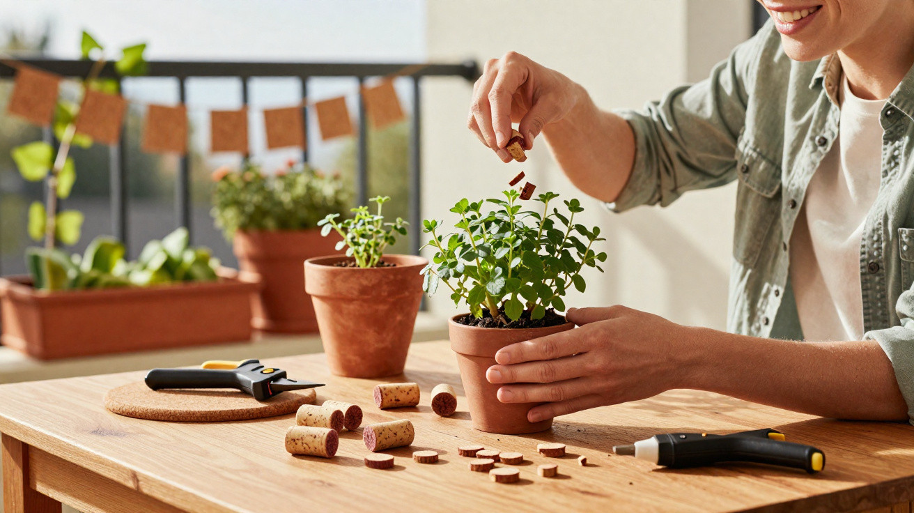 Person decorating a potted plant with cork pieces on a wooden table in natural light.