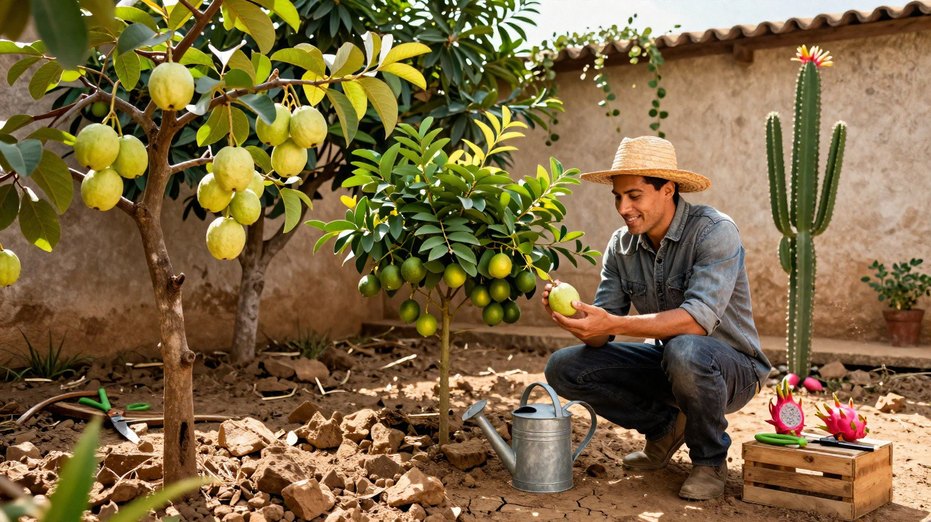 Man in a straw hat harvesting fruit from a tree in a garden with a watering can and cactus nearby.