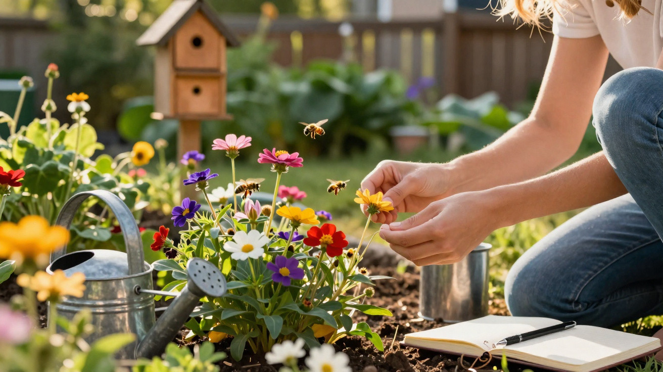 Person tending colourful flowers with bees, watering can, notebook, and birdhouse in a sunlit garden.