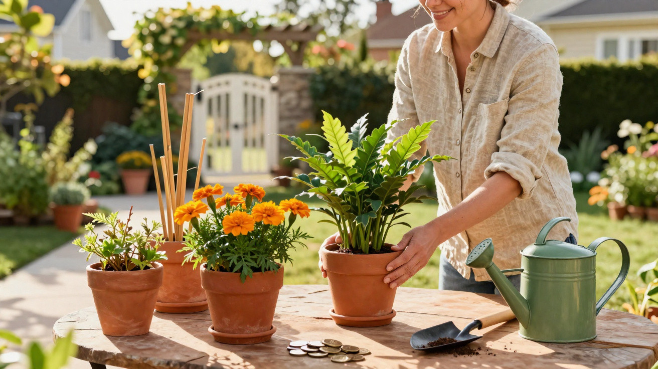 Person gardening with potted plants, coins, watering can, and gardening tools on a wooden table outdoors.