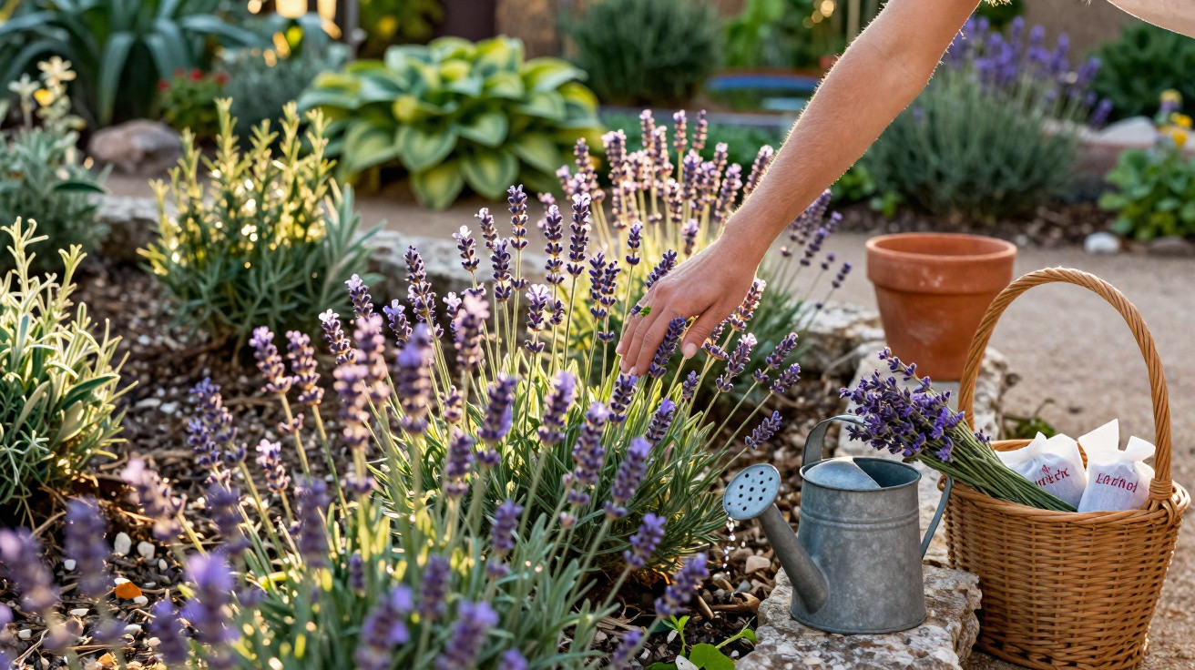 Person harvesting lavender in a garden with a watering can and basket of lavender nearby.