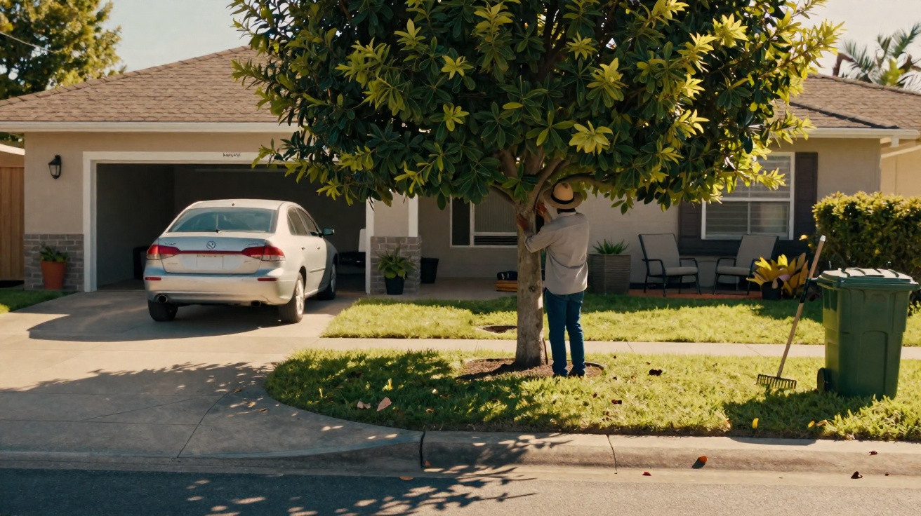 Person wearing a hat pruning a small tree on a suburban lawn beside a driveway with a white car parked.