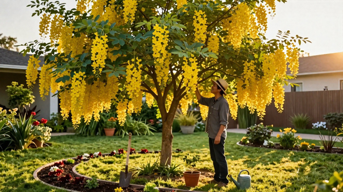 Person admiring golden shower tree blossoms in a sunny, well-maintained garden with planted flower beds.