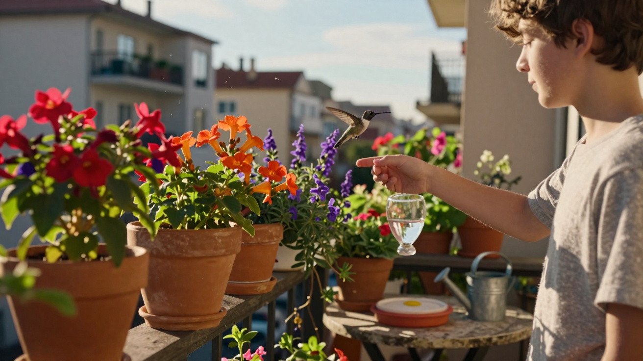 Boy on balcony reaching out to a hummingbird near colourful potted flowers in sunlight.