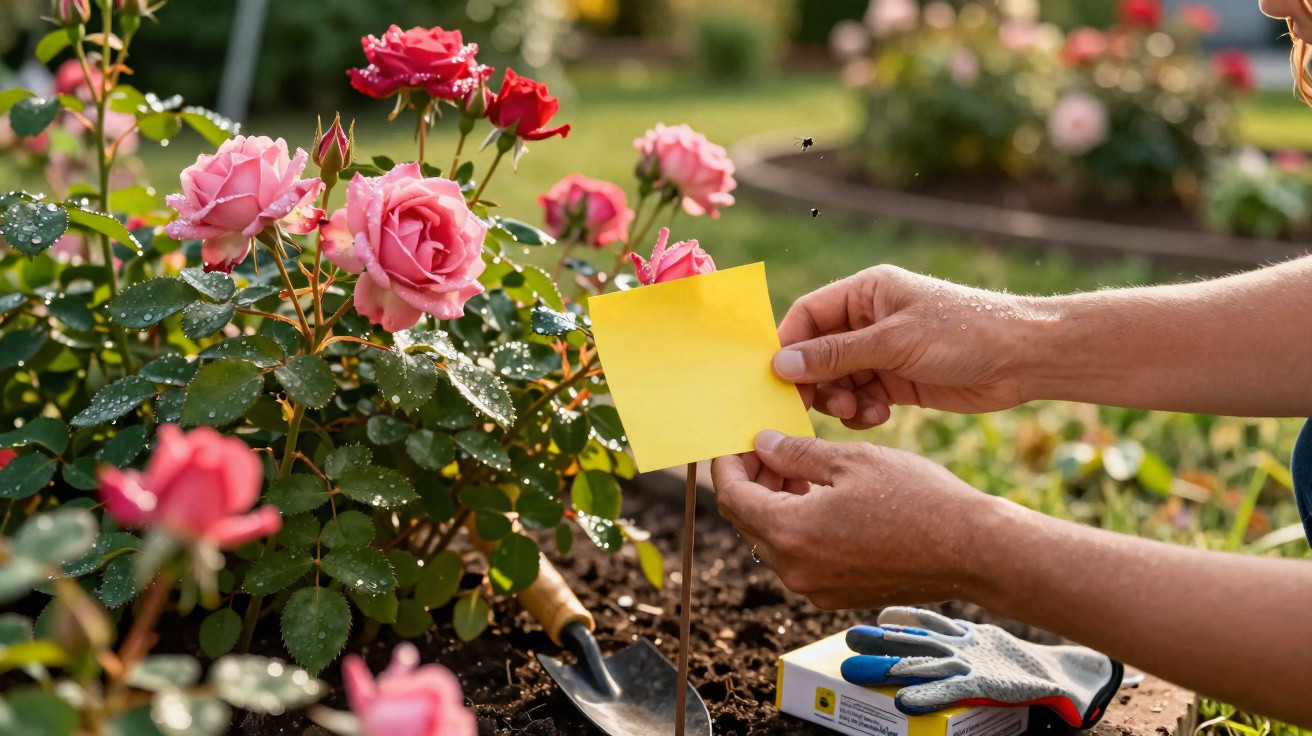 Person attaching a yellow sticky note to a stake in a garden bed with blooming pink and red roses.