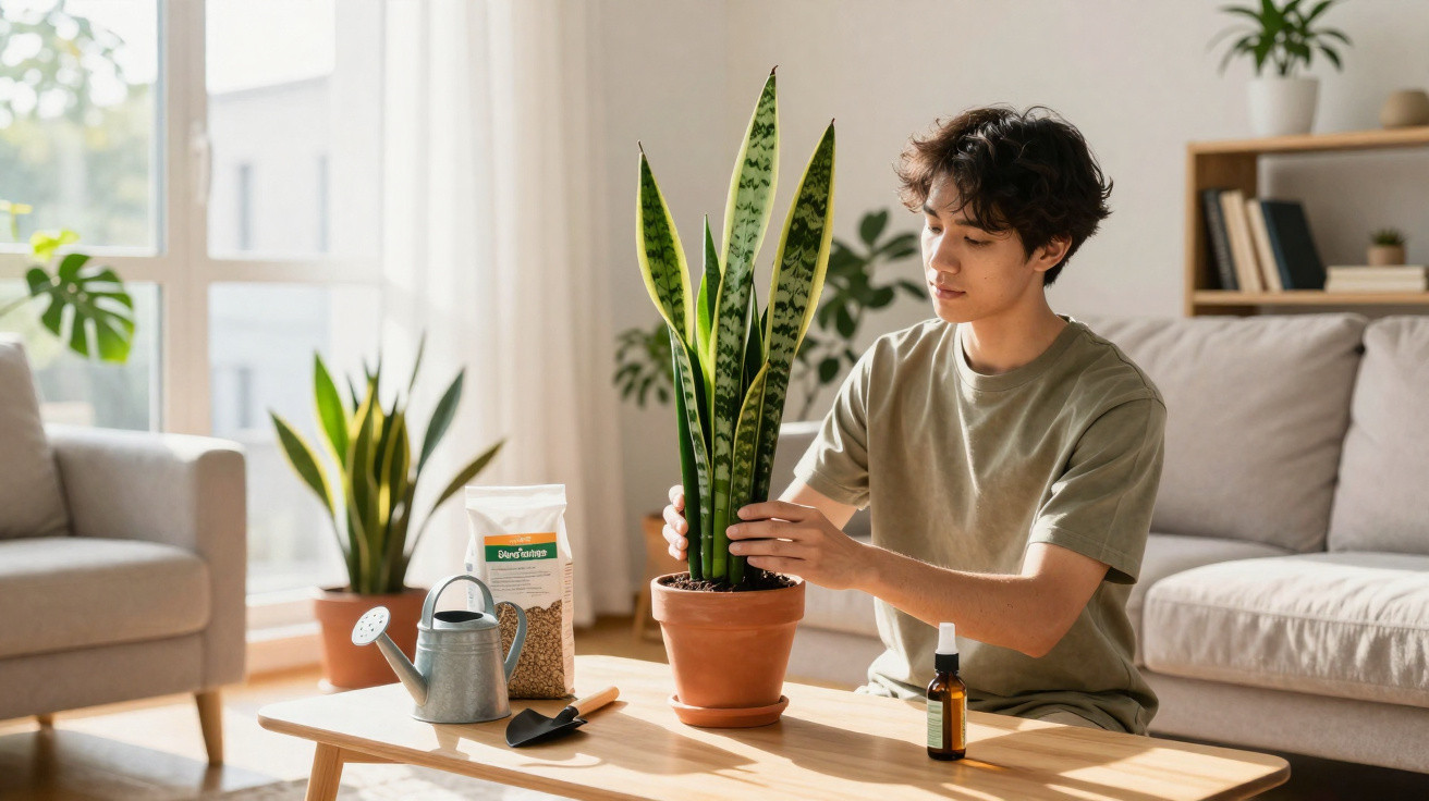 Young man caring for a snake plant on a coffee table in a sunlit living room.