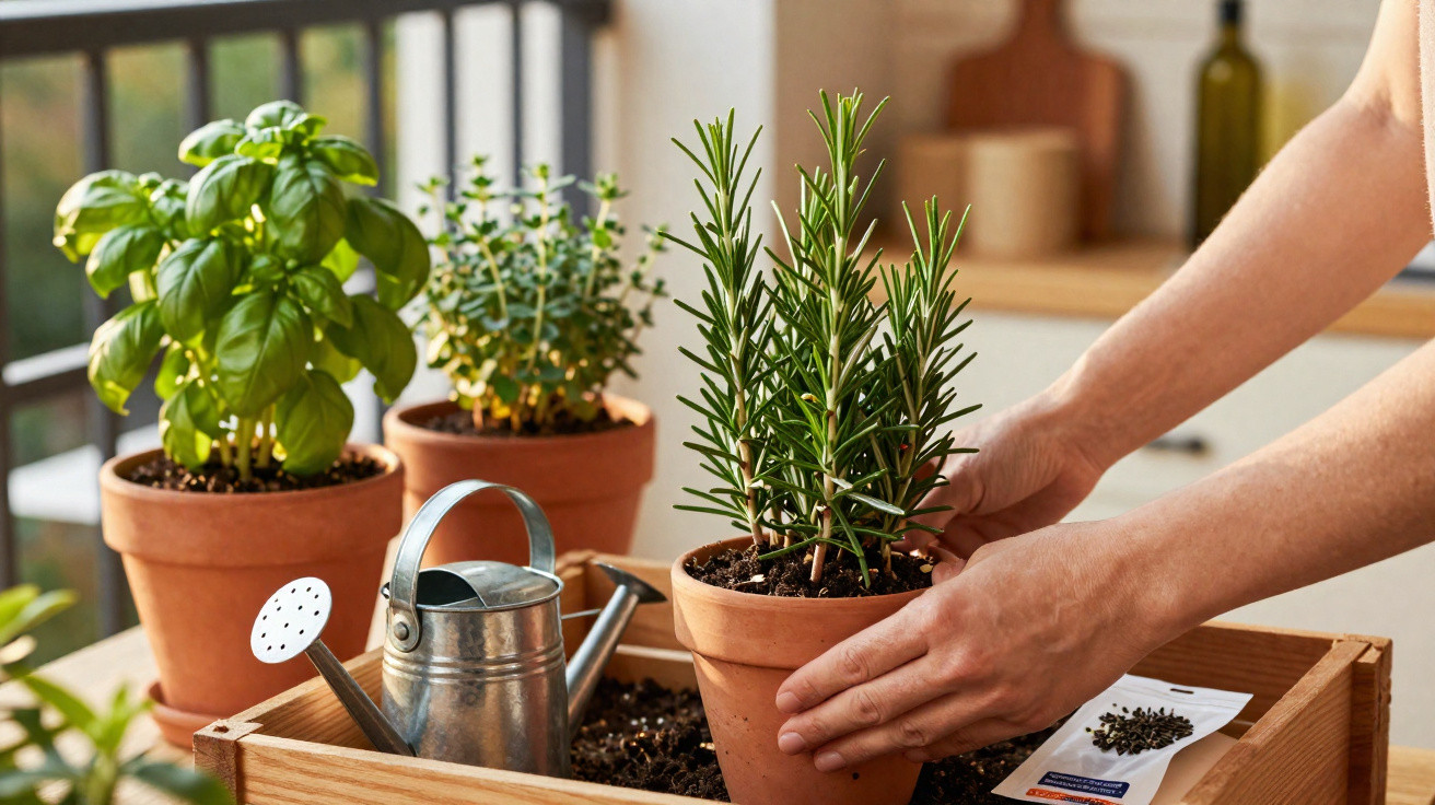 Hands tending a potted rosemary plant on a wooden tray with basil, thyme plants and a watering can nearby.