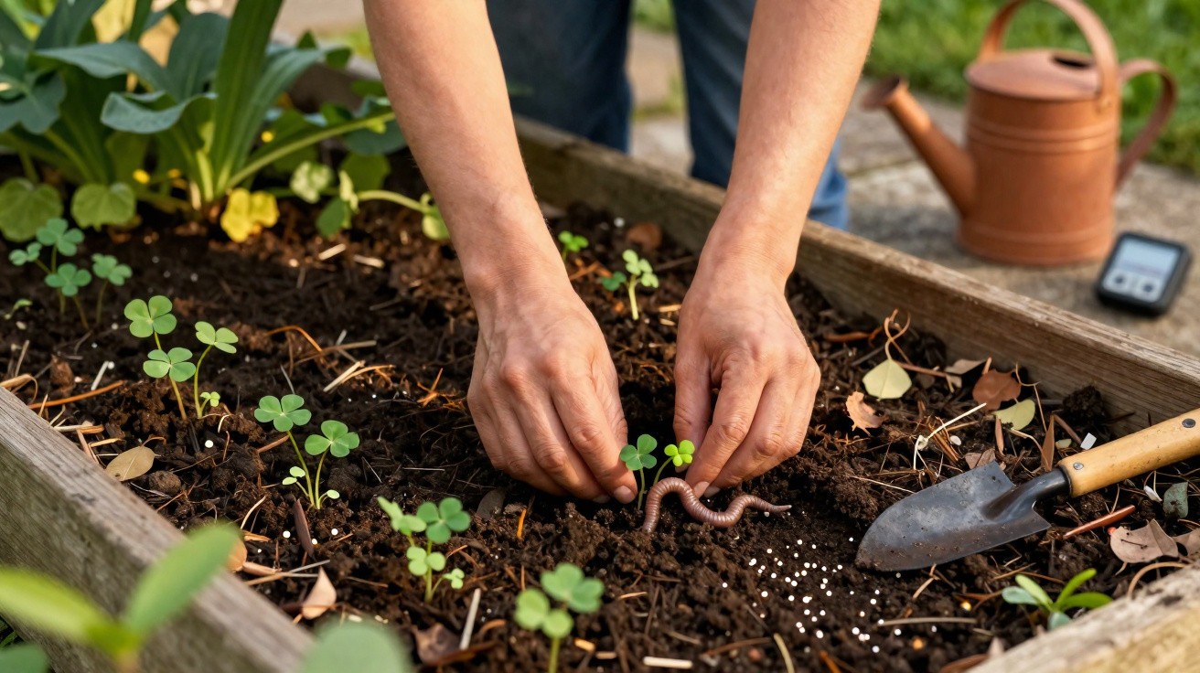Hands removing a worm from soil in a raised garden bed with clover seedlings and gardening tools nearby.