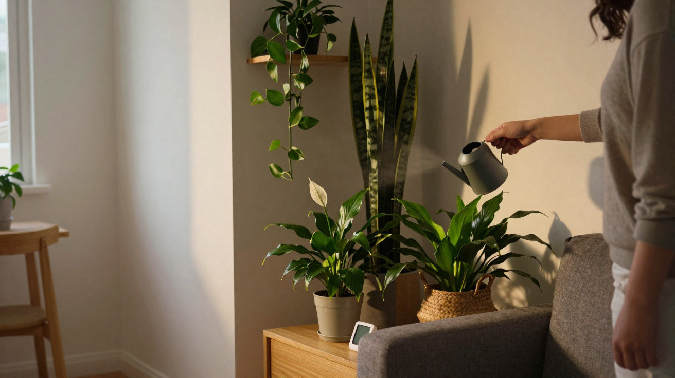 Person watering green houseplants on a wooden cabinet next to a grey sofa in natural light.