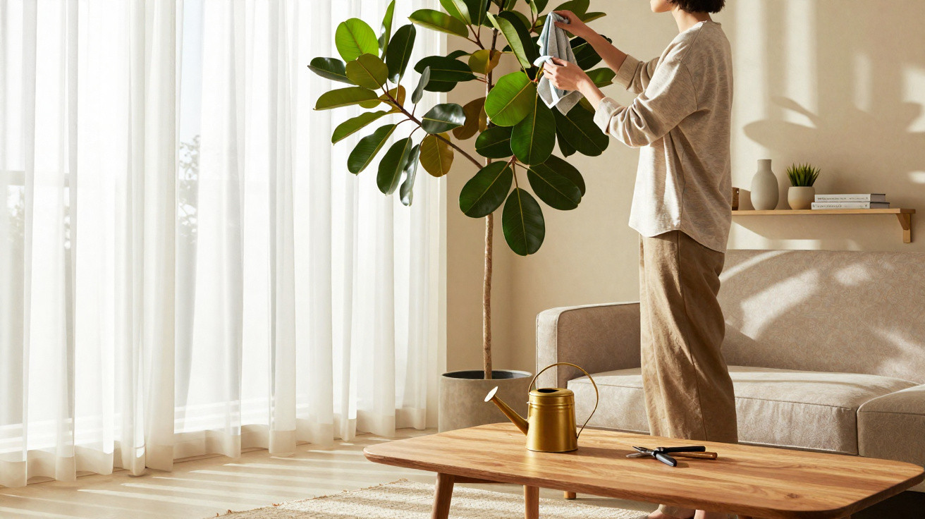 Person cleaning leaves of a large indoor plant in a bright living room with wooden furniture and sheer curtains.