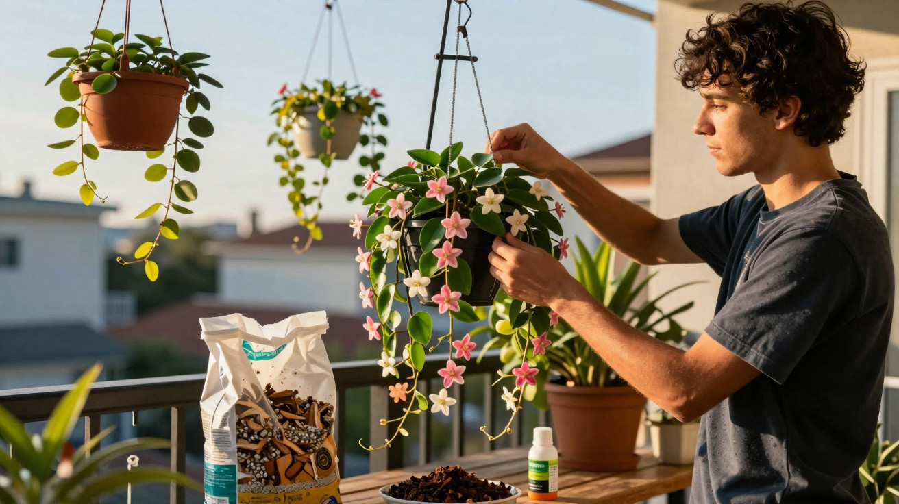 Young man tending to hanging pink and white flowering plant on a balcony with gardening supplies.