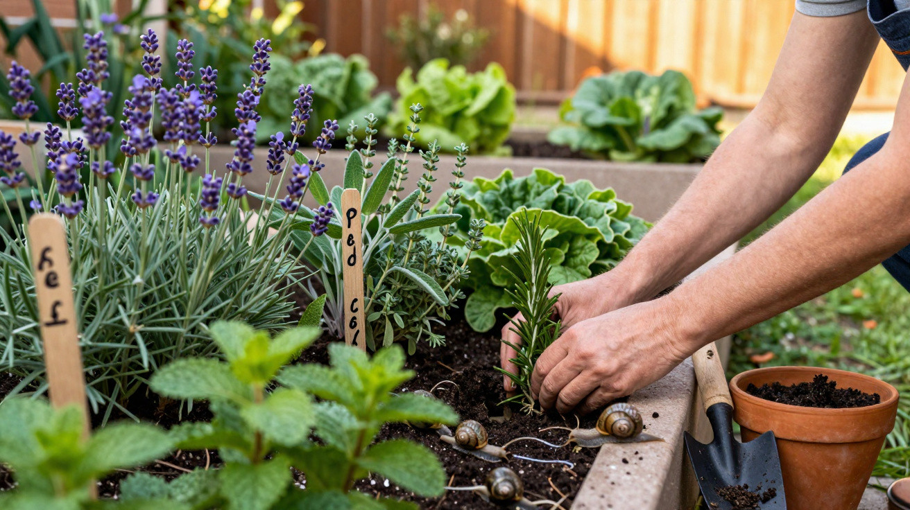 Person planting herbs in a raised garden bed with snails and gardening tools nearby.