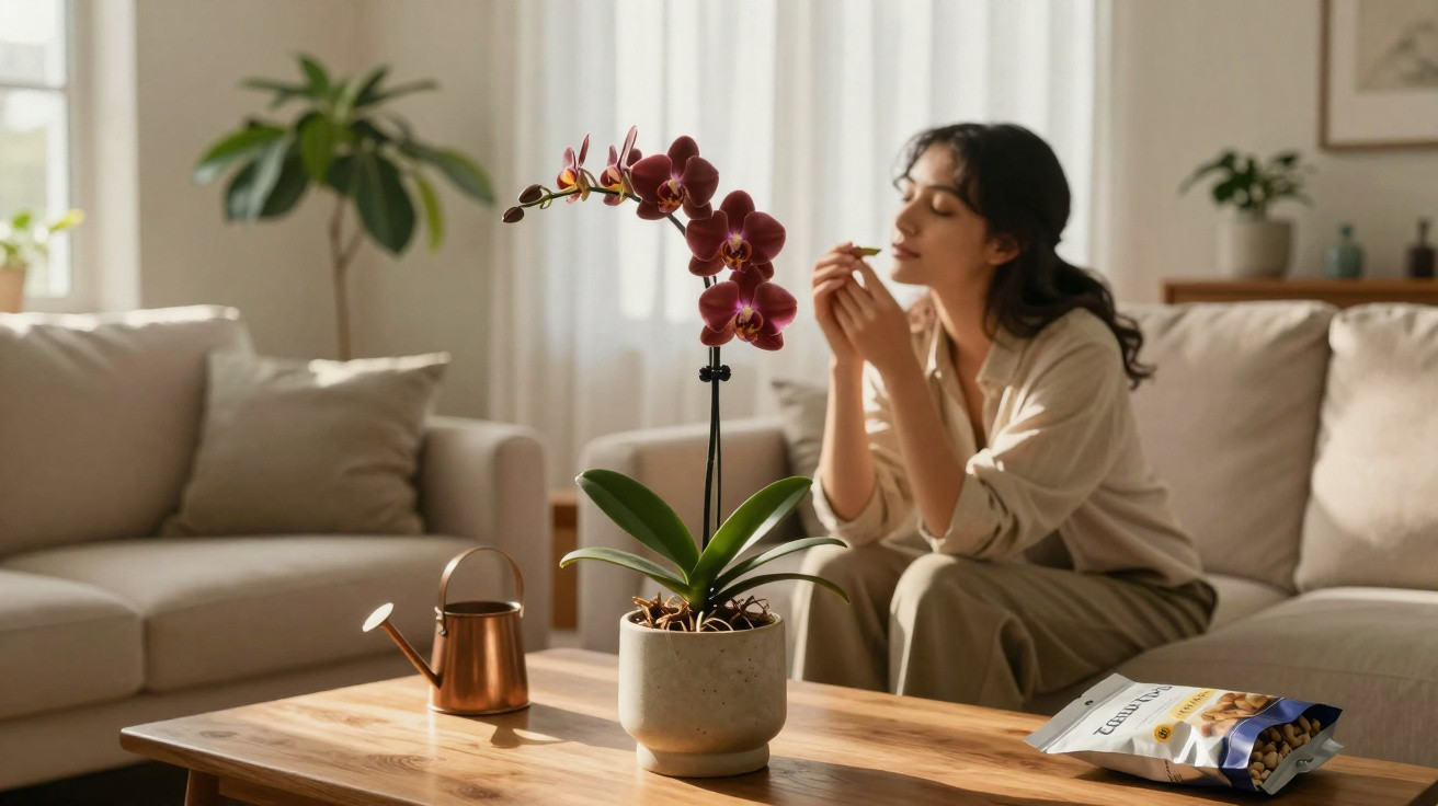 Orchid plant on wooden table with a watering can and woman relaxing on sofa in a sunlit living room.