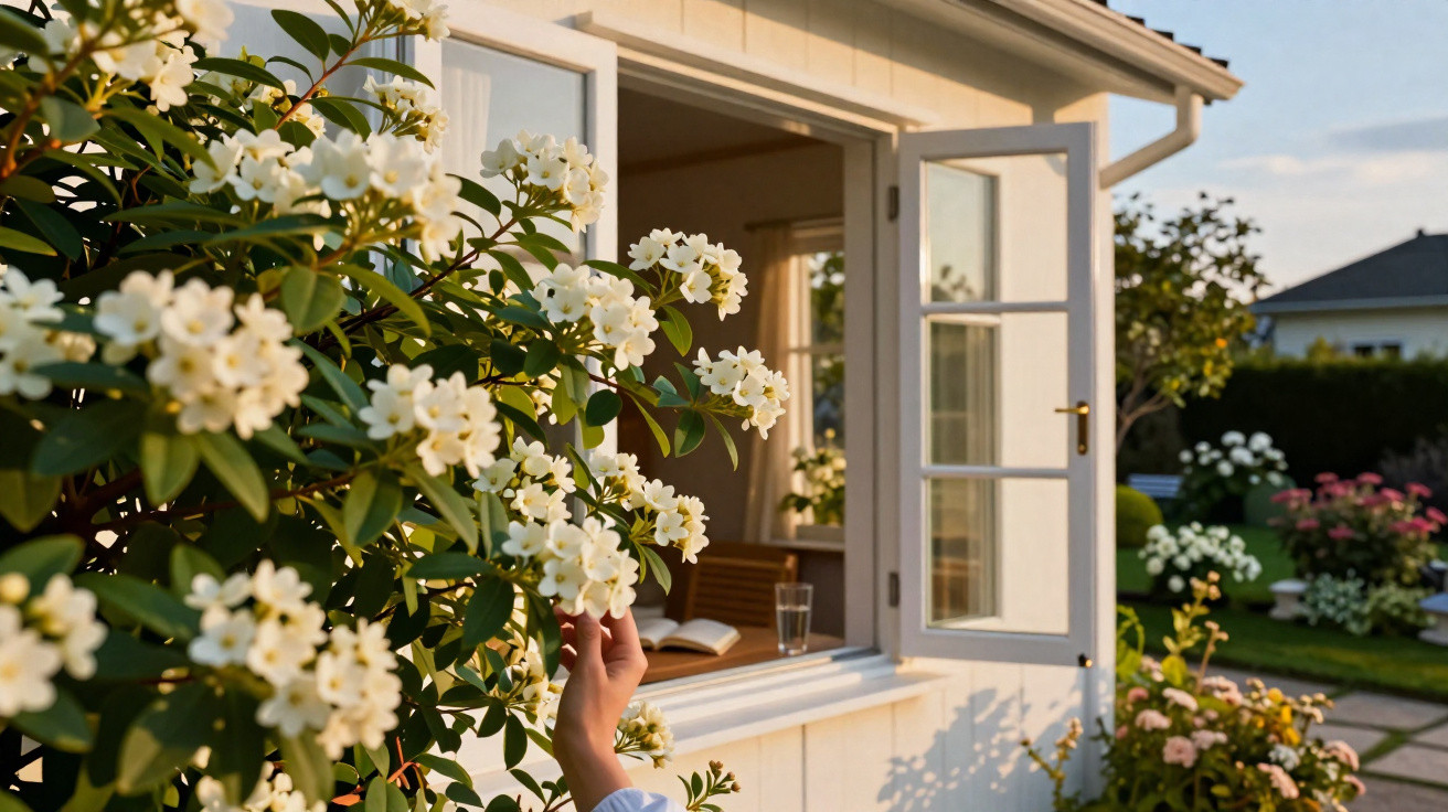 Hand reaching to touch white flowers near an open window of a sunlit cottage garden in late afternoon.