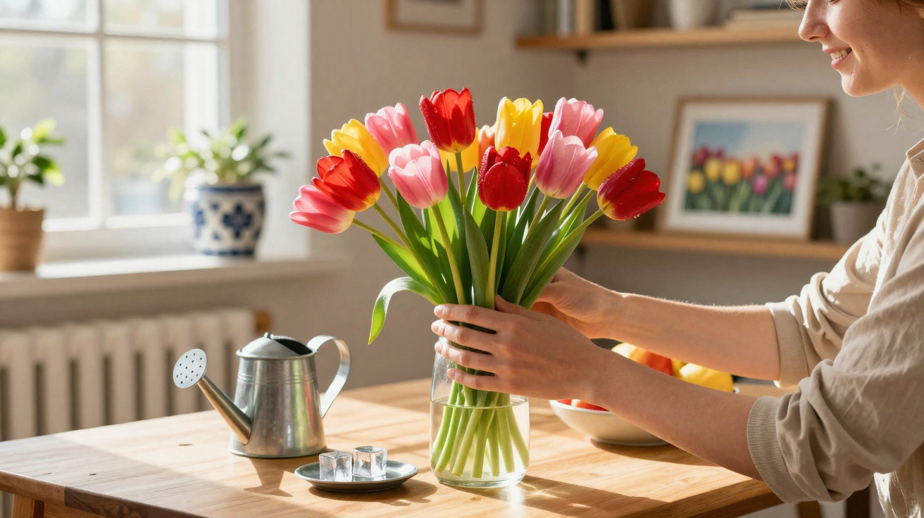 Woman arranging a colourful bouquet of tulips in a glass vase on a wooden table in a bright room.