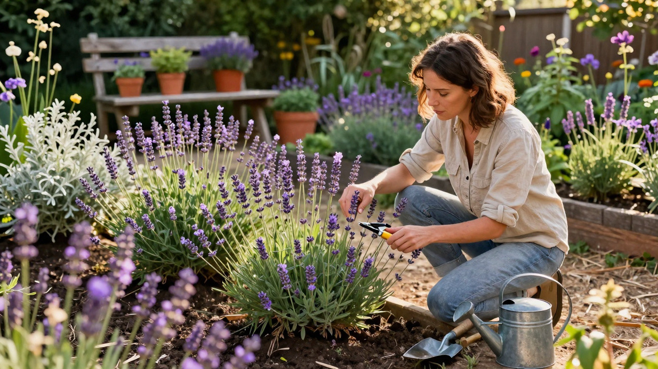 Woman pruning lavender plants in a sunny garden with a watering can and gardening tools nearby.