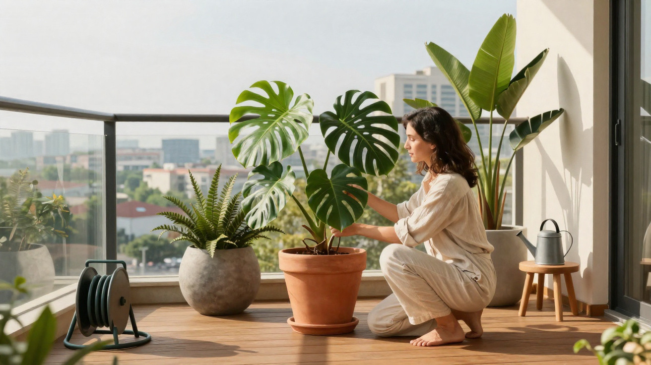Woman tending to potted plants on a balcony with cityscape in the background on a sunny day.