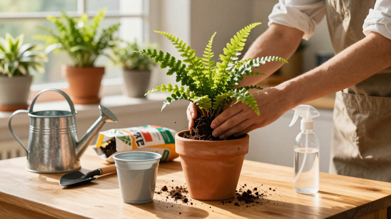 Person repotting a fern plant on a wooden table with gardening tools and supplies nearby.