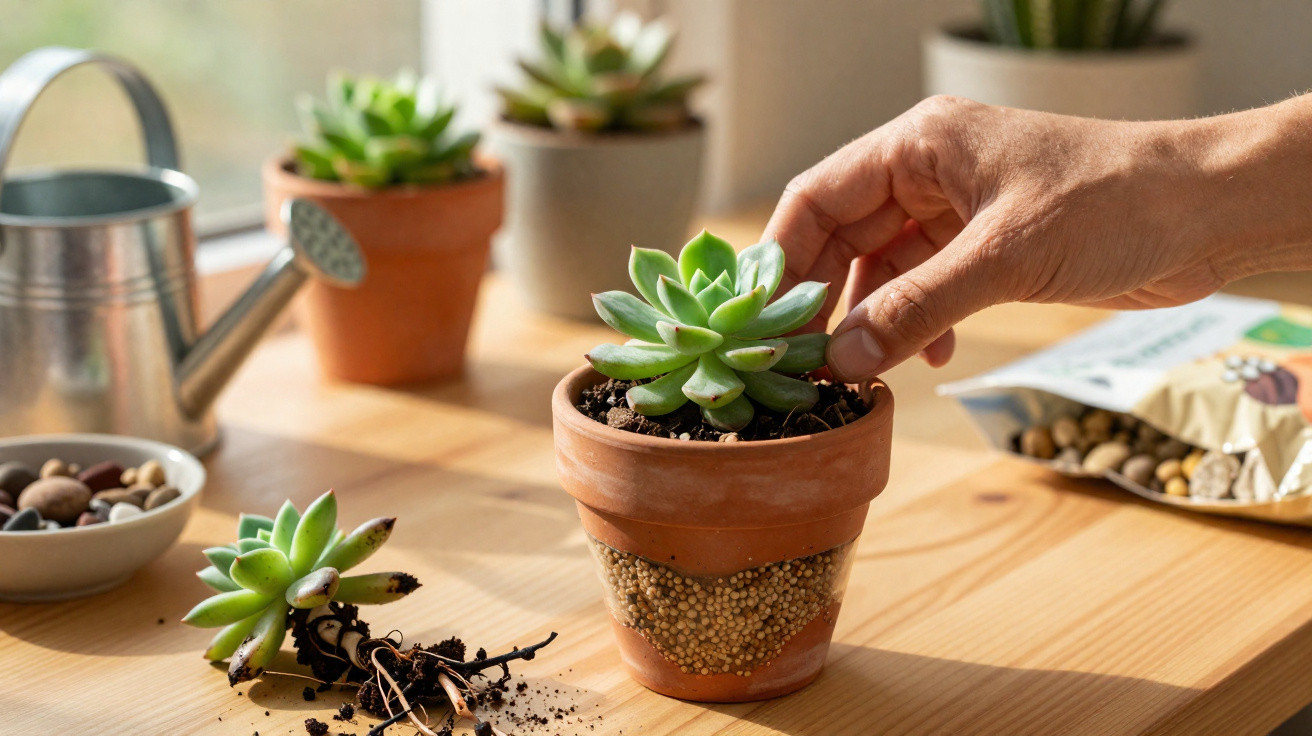 Hand arranging a green succulent plant in a terracotta pot on a wooden table with gardening supplies.
