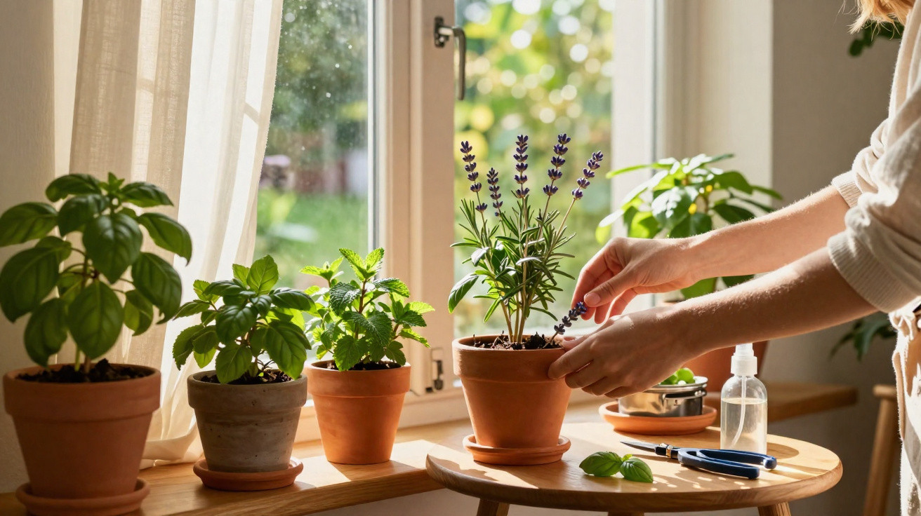 Hands tending to a lavender plant in a terracotta pot beside other potted herbs on a wooden table by a sunny window.