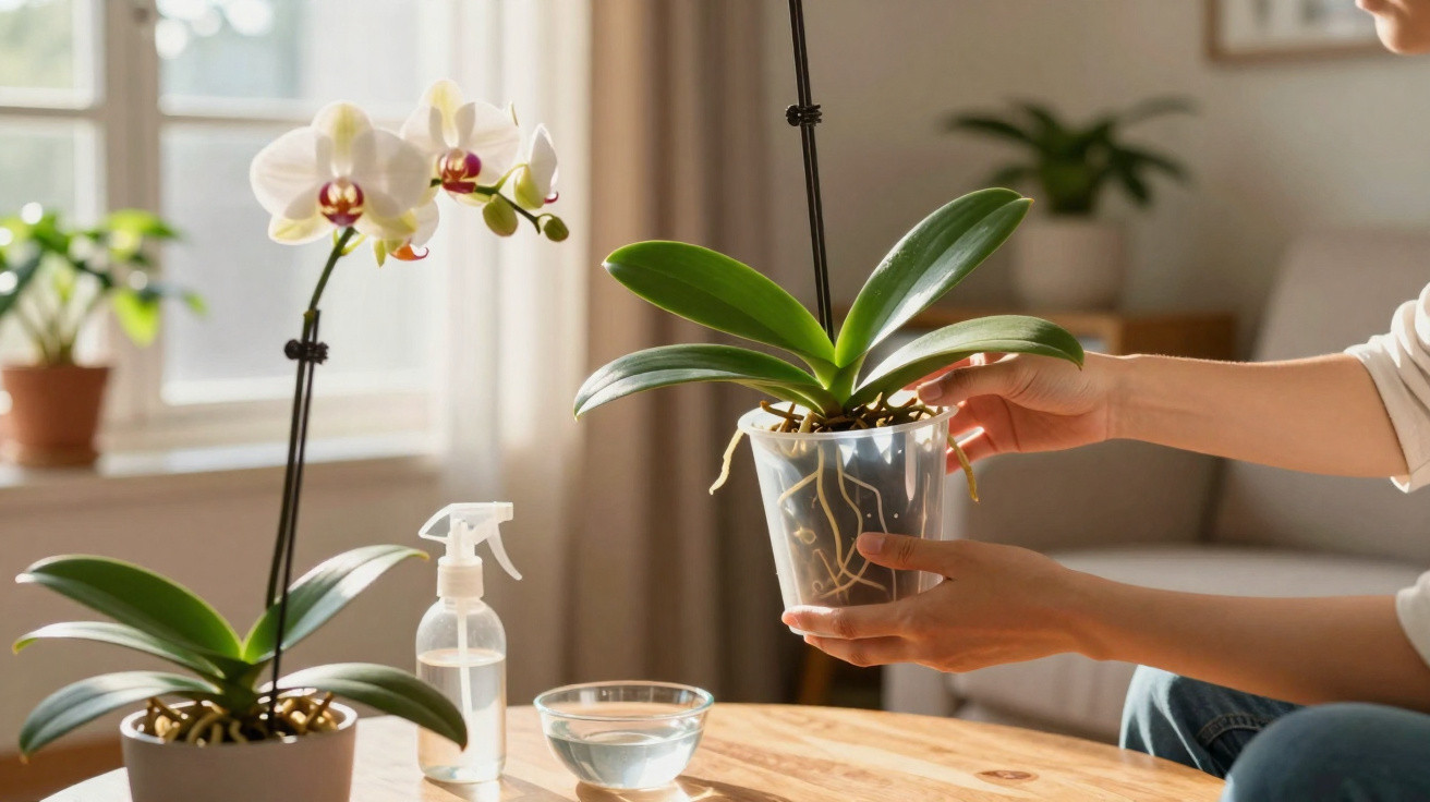 Person holding a potted orchid plant with white flowers next to a spray bottle and bowl on a wooden table.