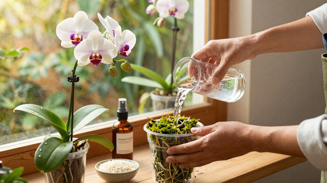 Hands watering an orchid plant in a transparent pot on a wooden windowsill with other orchids nearby.