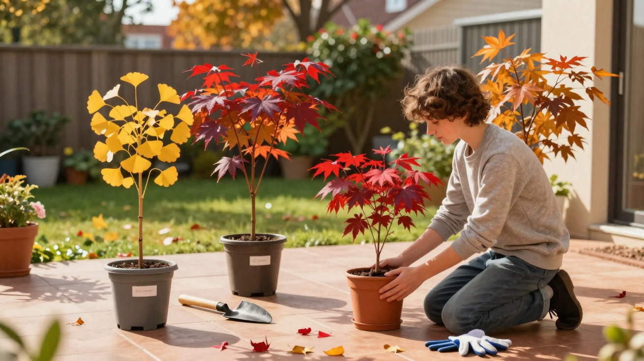 Child kneeling on a patio repotting a red maple tree among other potted autumn trees in a garden.