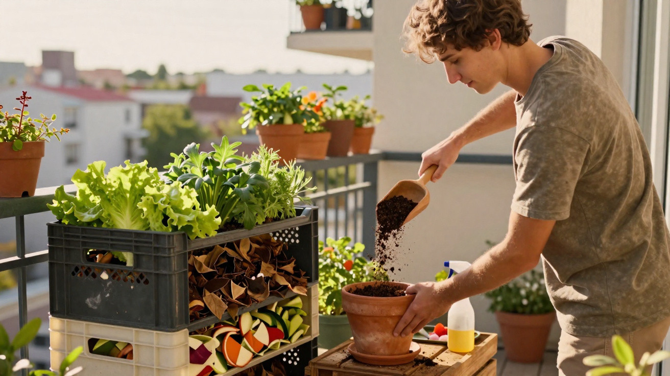 Young man filling a terracotta pot with soil on a balcony garden filled with plants and vegetables.