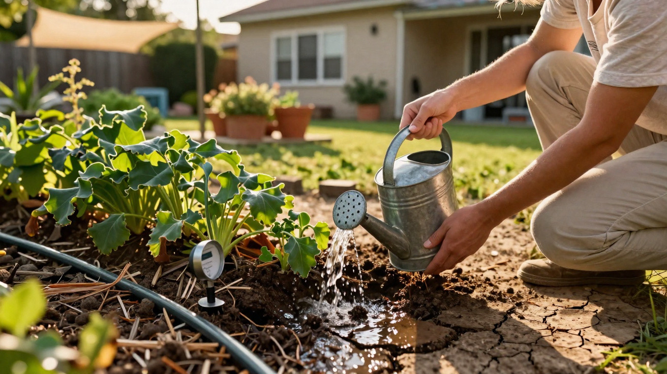 Person watering garden plants with a metal watering can in a sunny backyard.