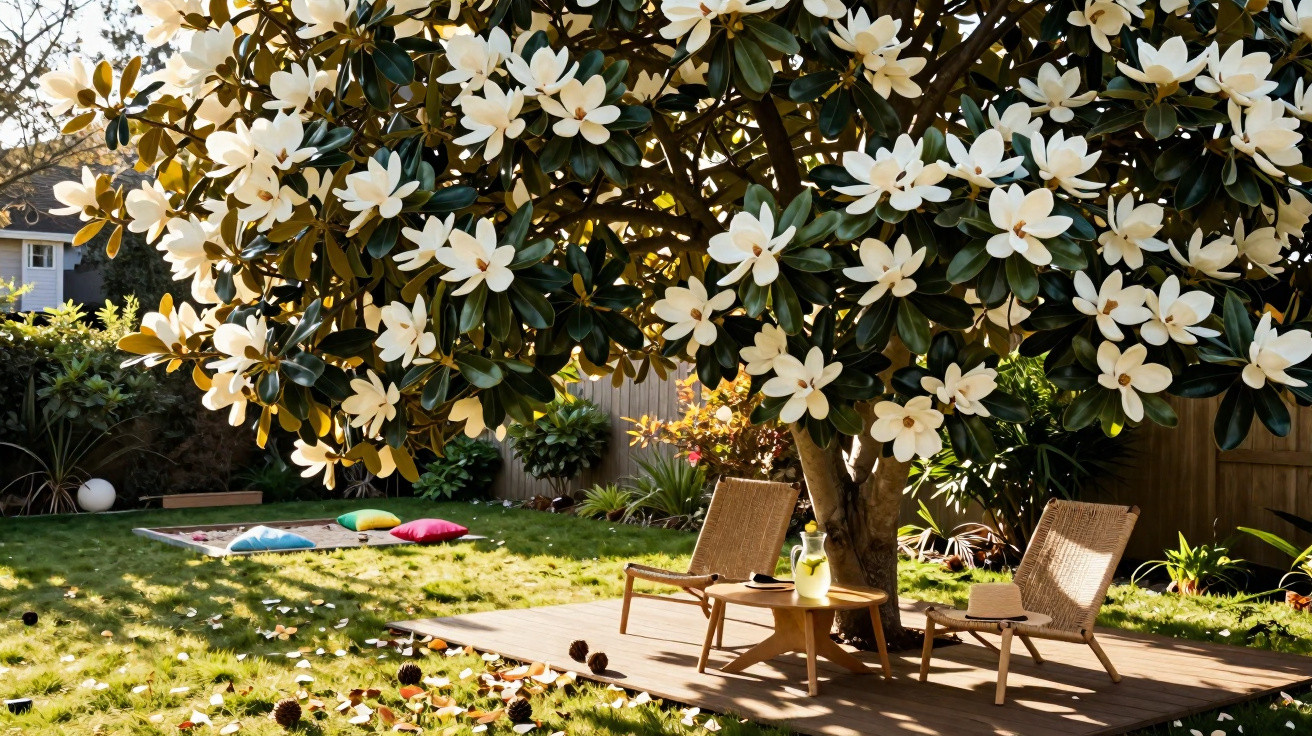 Sunlit garden with magnolia tree in full bloom, two wooden chairs, and a small table on a wooden deck.