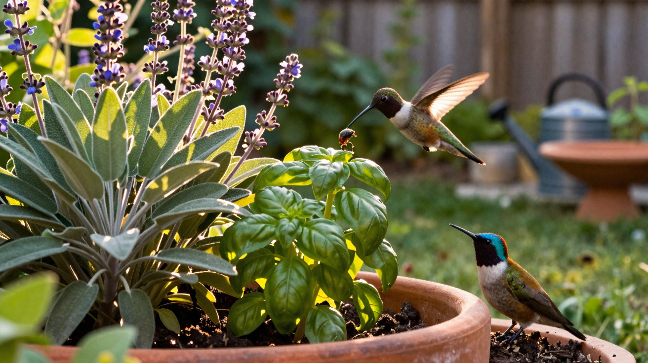 Two hummingbirds near potted plants with basil and flowering sage in a sunlit garden setting.