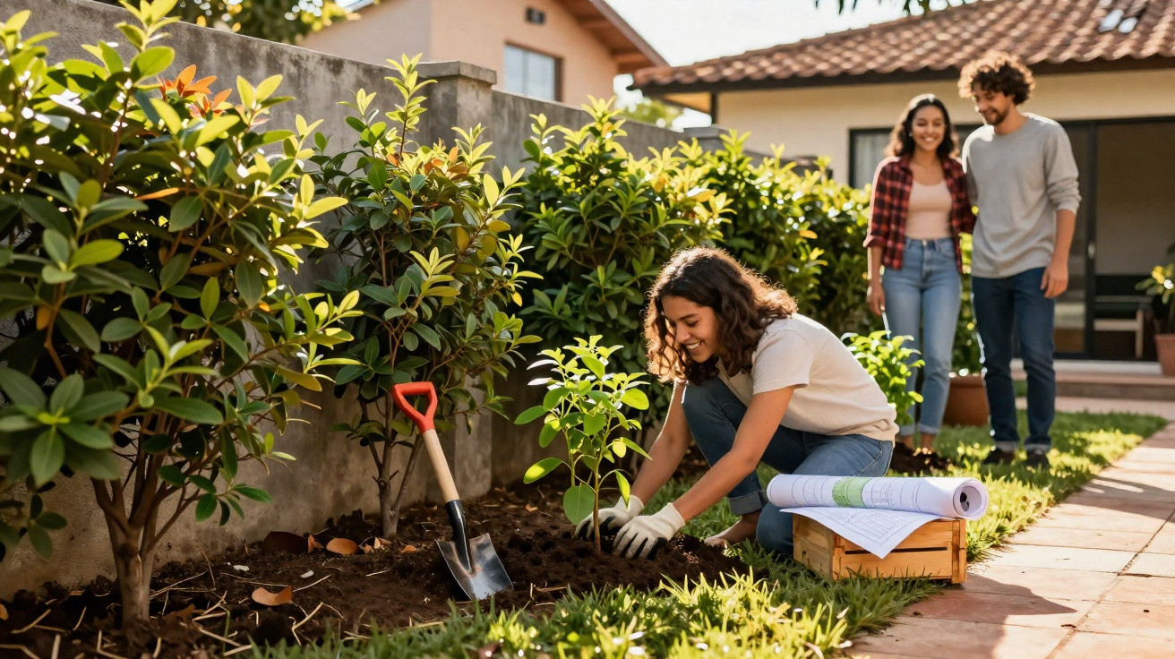 Young woman planting a small tree in a garden while two people watch outside a house.