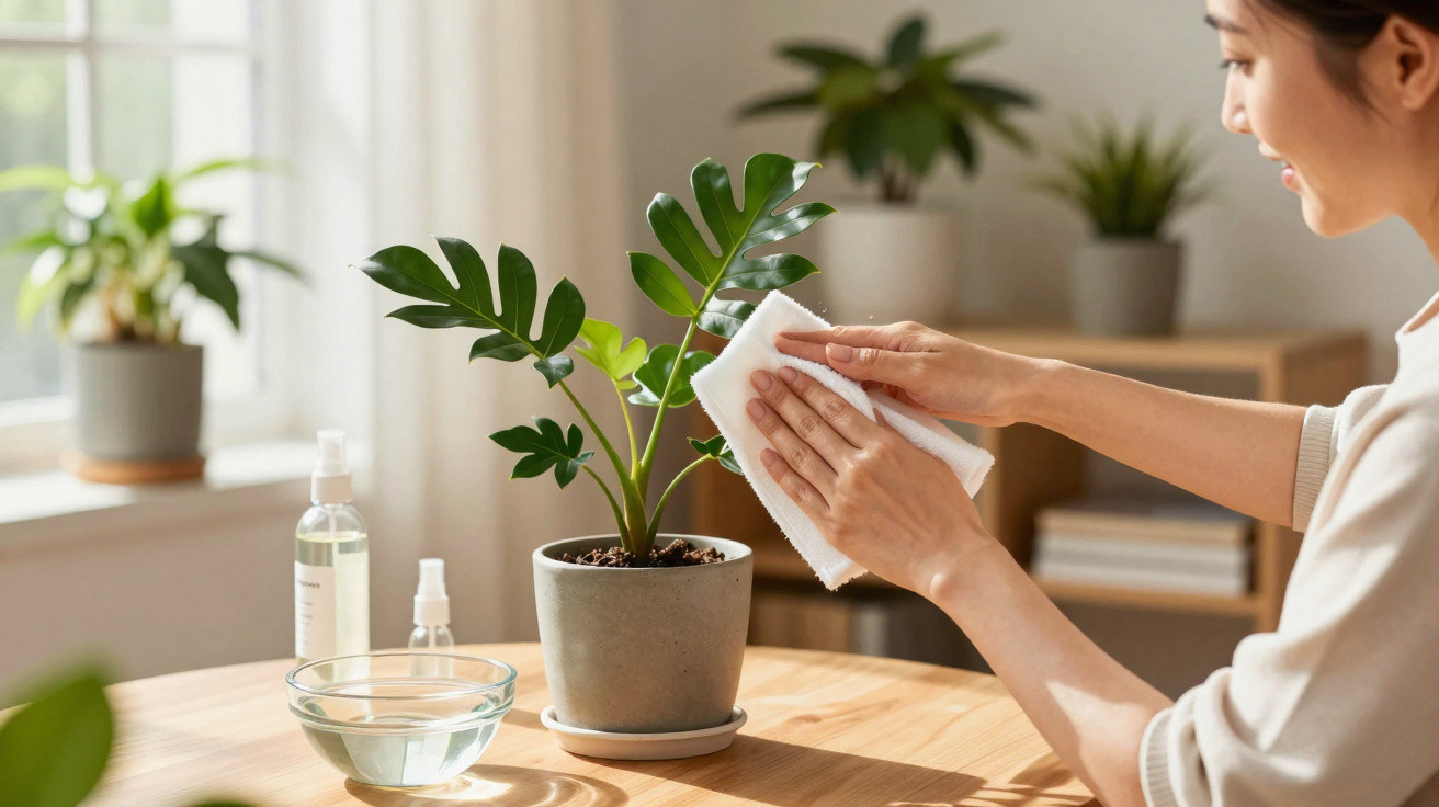 Person gently wiping the leaves of a potted plant on a wooden table in natural light.